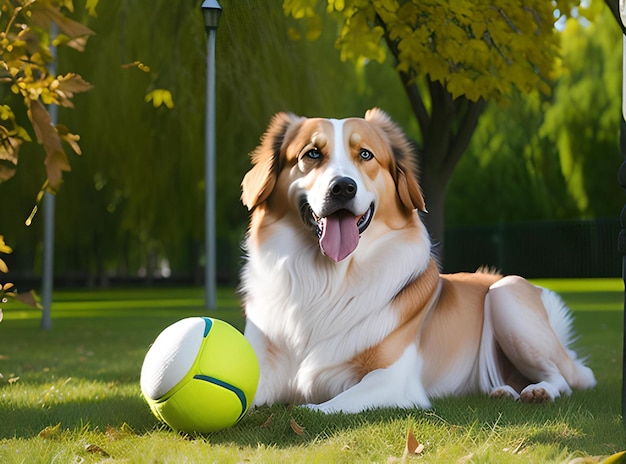 Golden retriever brincando com bola no parque Cão com bola de tênis verde no jardim de outono