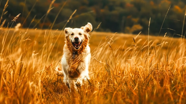 Golden Retriever brincando no prado de outono