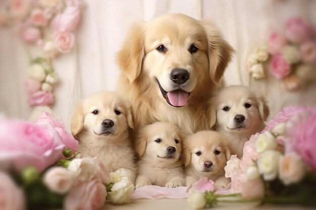 un golden retriever con cachorros en el frente