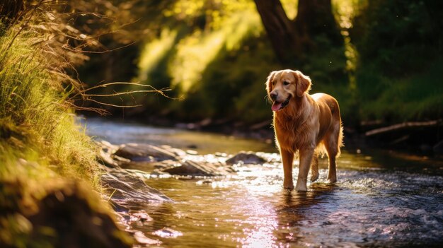 golden retriever caminando junto a un arroyo de primavera generativo ai