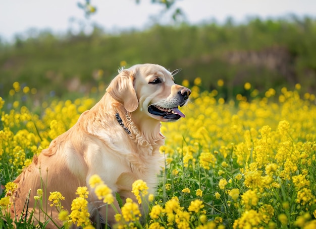 Golden Retriever en el campo con flores amarillas