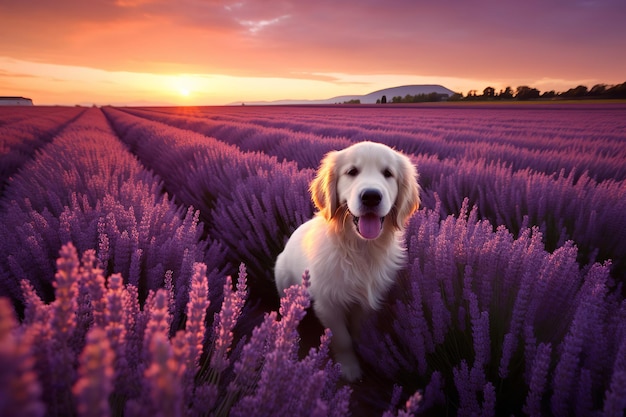 Golden Retriever en un campo de lavanda