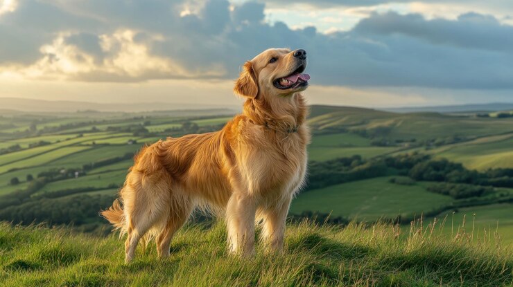 El golden retriever en la cima de una colina