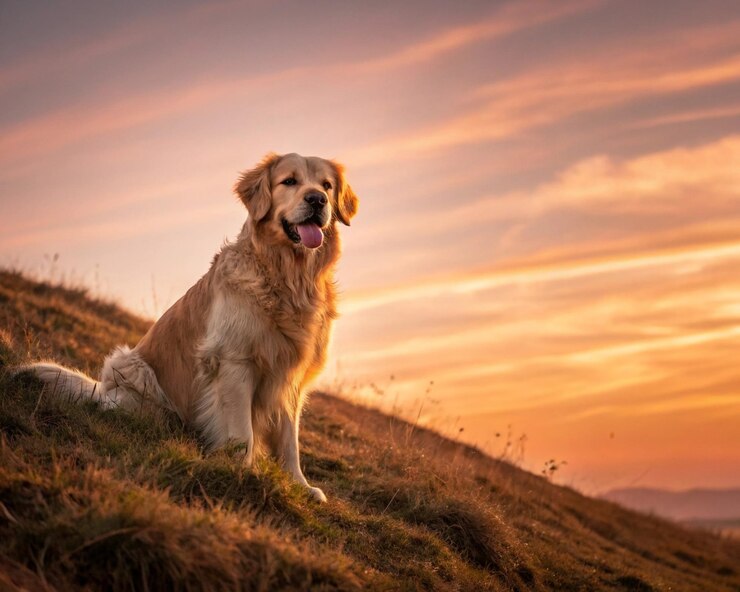 golden retriever en una colina con la puesta de sol en el fondo