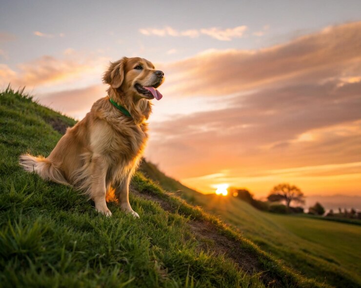 Golden Retriever en la colina de Sunset buscando el cielo