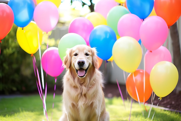 Golden Retriever com balões coloridos em uma festa