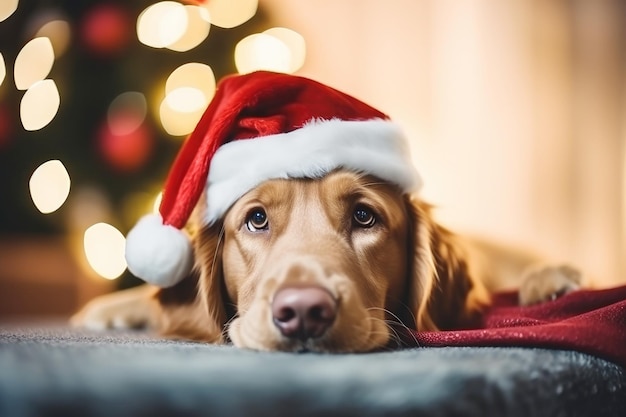 Golden Retriever com chapéu de Papai Noel