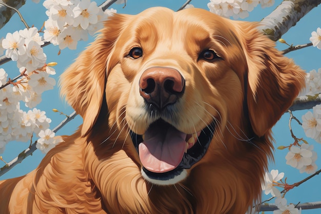 Golden Retriever com uma cerejeira em flor