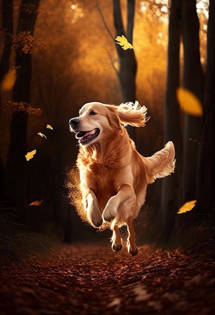 Golden Retriever corre através da floresta de outono folhas amarelas voam ao redor AI Gerado