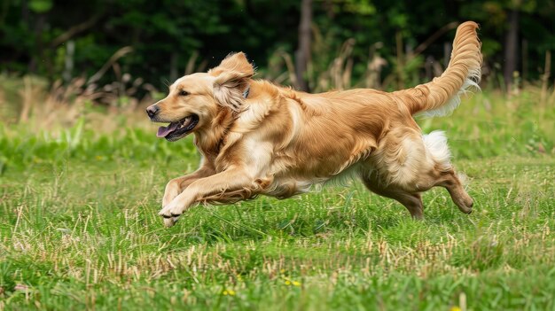 El golden retriever corre por la hierba