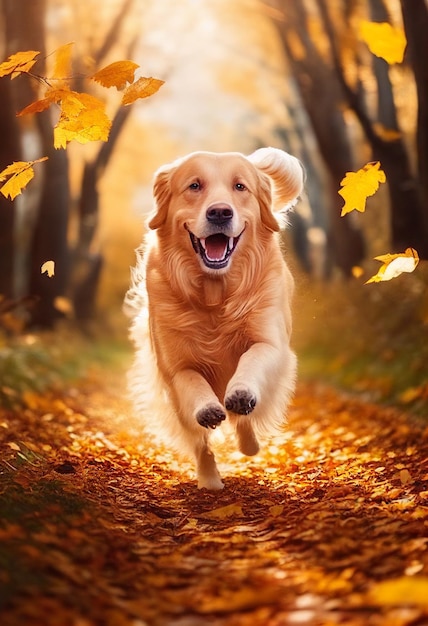 Golden Retriever corre pela floresta de outono folhas amarelas voam ao redor AI gerado