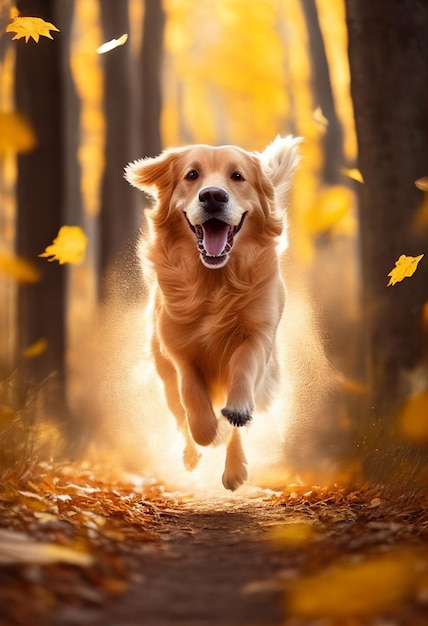 Golden Retriever corre pela floresta de outono folhas amarelas voam ao redor AI gerado