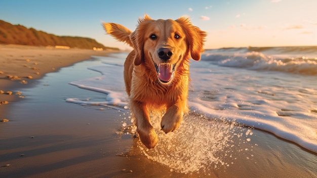 Un golden retriever corre por la playa.