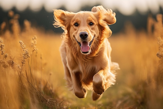 Golden Retriever corriendo en el campo en un día soleado Un perro golden retriever corre enérgicamente en un campo con un fondo borroso AI generado