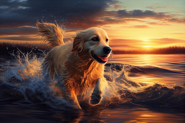 Golden retriever corriendo sobre el agua al atardecer generado por IA