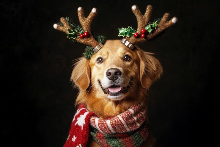 Golden Retriever con cuernos de reno festivos y una bufanda cálida para las fiestas AI generativa