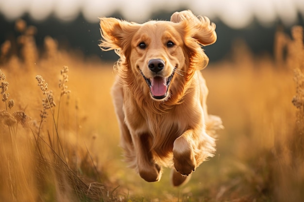 Golden Retriever, der an einem sonnigen Tag auf dem Feld rennt Ein Golden-Retriever-Hund rennt energisch auf einem Feld mit verschwommenem Hintergrund