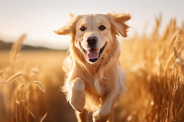 Golden Retriever, der bei Sonnenuntergang auf dem Feld rennt, in Nahaufnahme Ein Goldener Retriewer-Hund rennt energisch auf einem Feld mit verschwommenem Hintergrund.