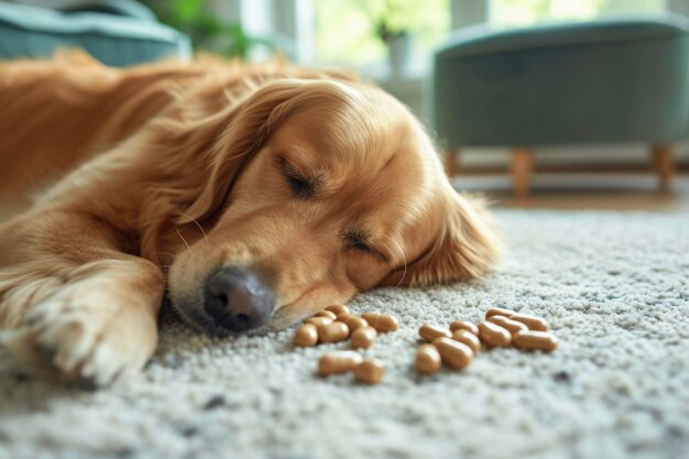 Golden Retriever descansando com vitaminas