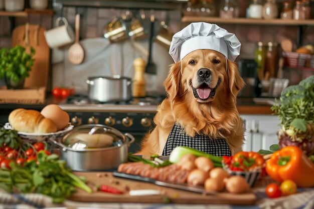 Un Golden Retriever con un disfraz de chef en la cocina dispuesto a cocinar Generative Ai