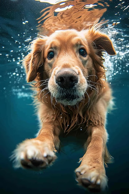 El golden retriever disfruta nadando bajo el agua