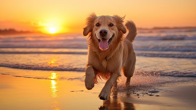 Un golden retriever disfrutando de un día en la playa al atardecer