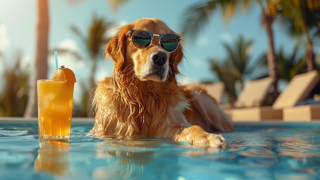 Golden Retriever disfrutando de la piscina con gafas de sol y jugo