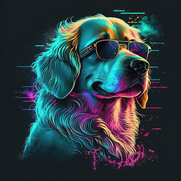 Golden Retriever Dog 80s Synthwave Camiseta detallada Arte vectorial con colores vivos IA generativa
