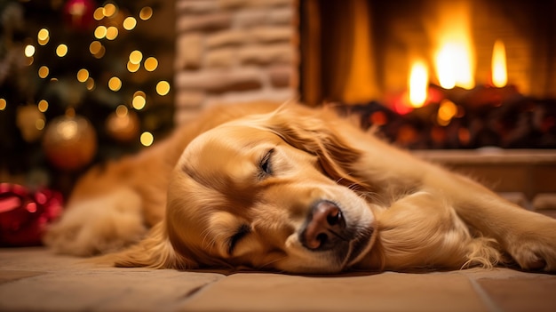 Golden retriever dormindo ao lado da lareira em atmosfera de Natal aconchegante e decorada