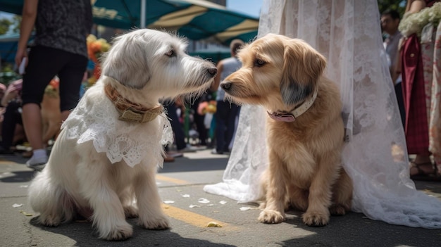 Golden Retriever e noiva no dia do casamento Foco seletivo