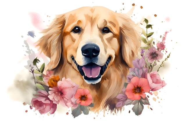 Golden retriever em flores em técnica de aquarela Impressão para roupas e copos