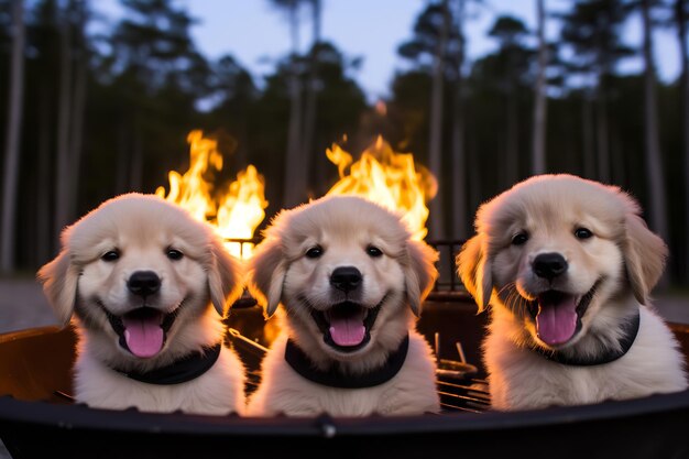 Golden Retriever em uma reunião de fogueira