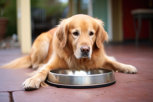 Foto golden retriever esperando obedientemente las comidas en un plato para perros