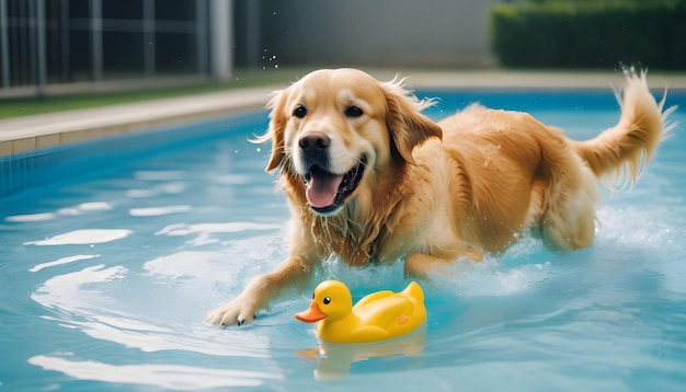 Un golden retriever está nadando felizmente persiguiendo a un pato de juguete en la piscina