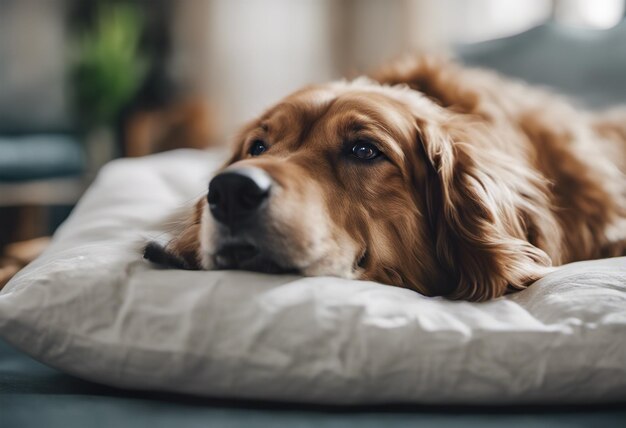 Golden Retriever fofo deitado em um travesseiro em casa