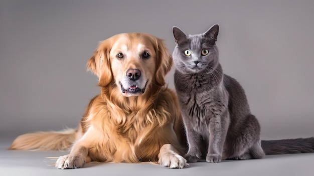 Golden Retriever y gato gris posan juntos en un fondo neutro para imágenes de compañerismo animal AI de fotografía de mascotas amigables