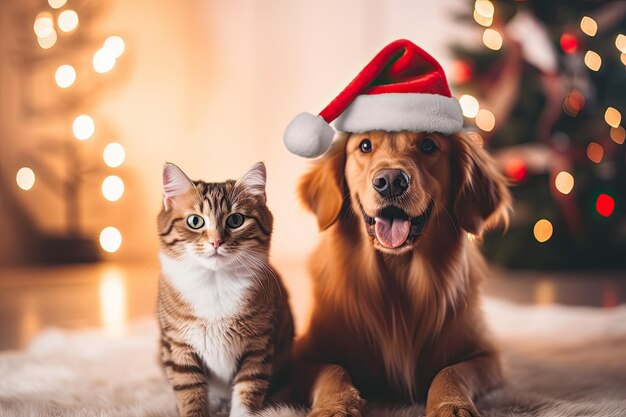 Un golden retriever y un gato rojo con una gorra roja en el fondo de un árbol de Navidad y luces