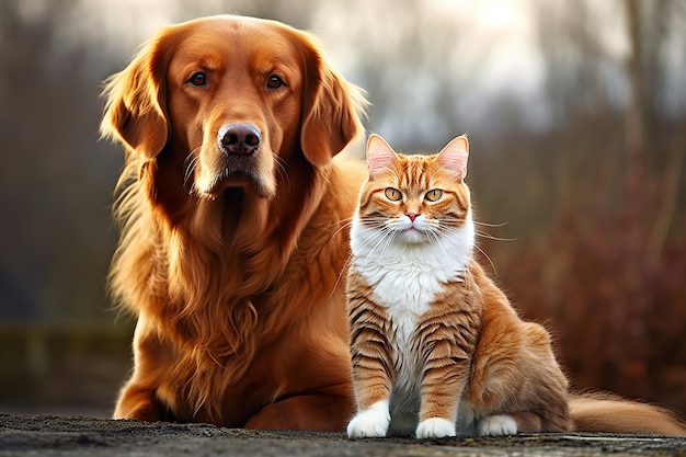 Un Golden Retriever y un gato