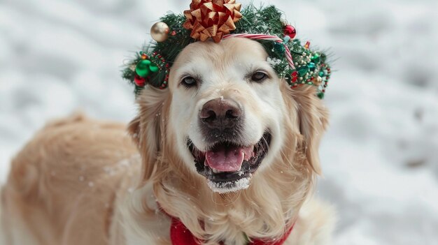 El golden retriever en la gorra navideña