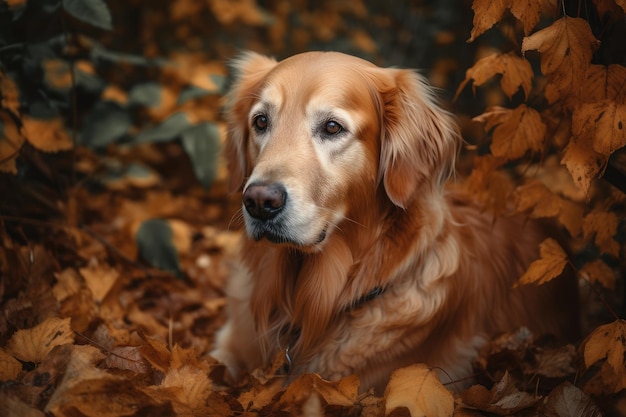 Golden retriever en las hojas de otoño Concepto de otoño concepto de familia petfriend