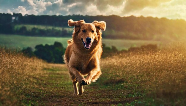 Golden Retriever-Hund, der im Sommer bei Sonnenuntergang auf dem Feld rennt