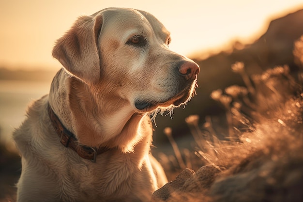 Golden Retriever Hund Herbstporträt im gelben Gras Reinrassiger Labrador im Freien an sonnigen Tagen in Nahaufnahme Ai erzeugt