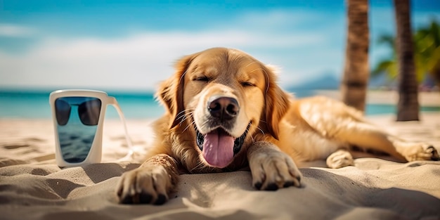 Golden Retriever Hund ist auf Sommerferien im Badeort und entspannende Ruhe am Sommerstrand von Hawaii AI Generative