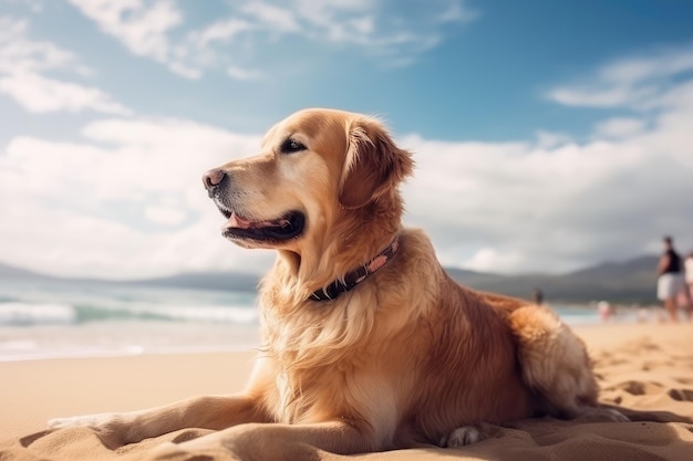 Golden Retriever-Hund ist im Sommerurlaub bei Generative AI am Meer