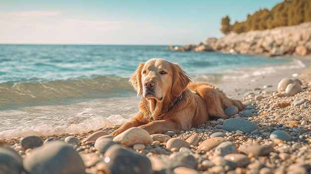 Golden Retriever-Hund liegt am Strand und spielt mit Ballgenerative ai