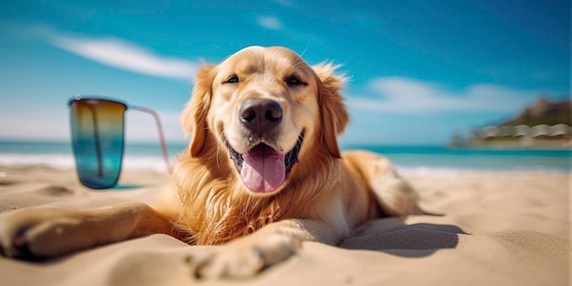 Golden Retriever-Hund macht Sommerurlaub im Badeort und entspannt sich am Sommerstrand von Hawaii AI Generative