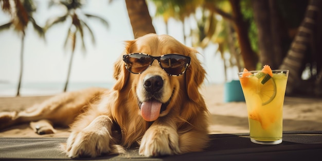 Golden Retriever Hund macht Sommerurlaub im Badeort und entspannt sich am Sommerstrand von Hawaii
