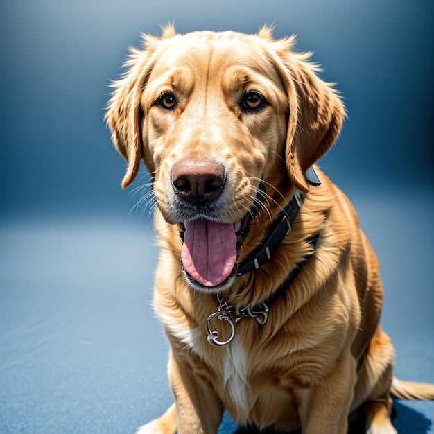 Golden Retriever-Hund mit ausgehängter Zunge auf blauem Hintergrund Studio-Aufnahme