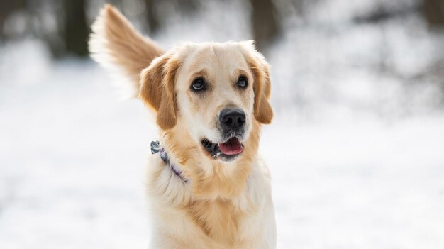 Golden Retriever Hund mit schönen süßen Augen in die Kamera schaut isoliert auf verschwommenem weißem Winter...