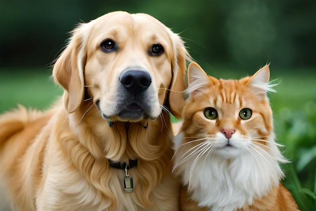 Foto golden retriever hund neben einer schönen katze freundschaft zwischen tieren hund und katze generative ai